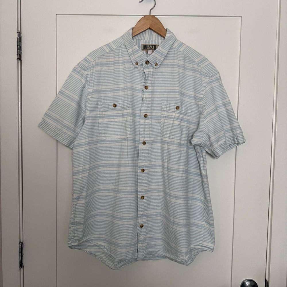 Duluth Trading Shirt Mens Sz XL Relaxed Fit Blue Stripe Short Sleeve Hemp Cotton